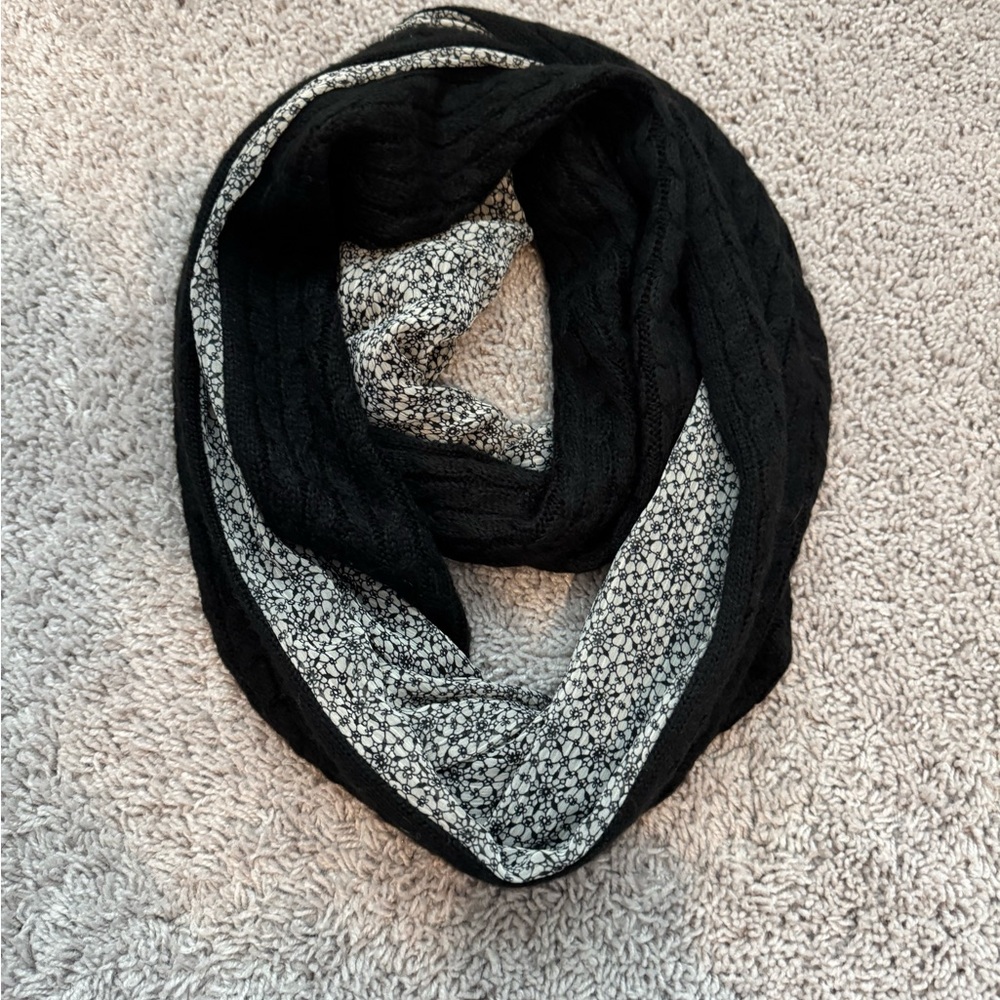 LOFT Black Knit and Floral Infinity Scarf